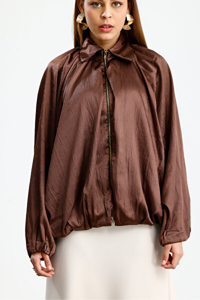 VOICTEC Women's Oversized Bat Cut Gold Zipper Detailed Satin Shirt