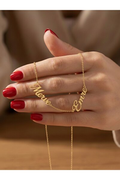 Büşra Çetin 925 Ayar Gümüş İki İsimli Kişiselleştirilebilir 14 Ayar Altın Kap...