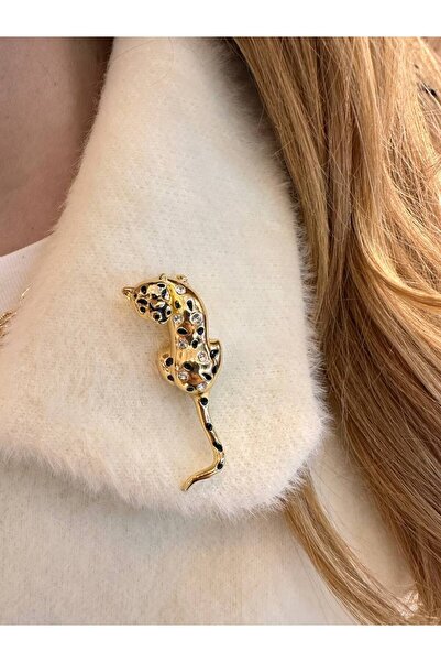 Esmeray Aksesuar Metal Gold Renk Kristal Taşlı Kaplan Figürlü Broş / Yaka İğnesi Genişlik 5 cm.