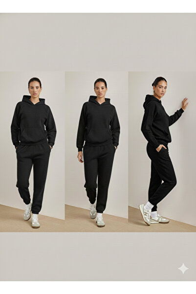 LUMİZA طقم رياضي سميك للرجال والنساء باللون الأسود قصة فضفاضة بغطاء رأس مع قم...