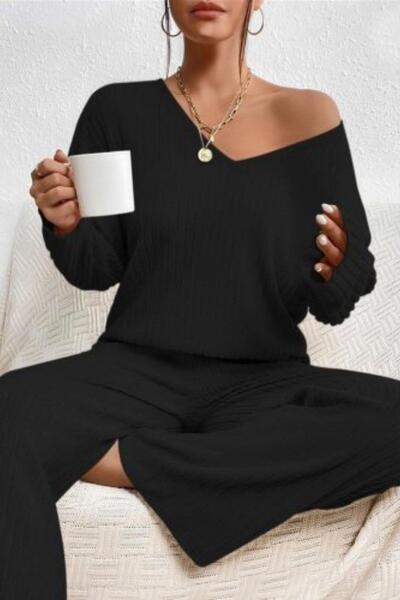 Mossta V-Neck Fleece-Lined Ribbed Knit Blouse Trousers Two-Piece Set - Black
