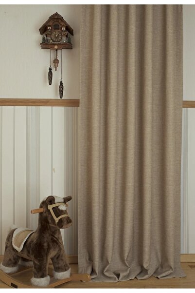 SHY TEKSTİL Bej Keten Fon Perde Modern Pilesiz Ekstraforlu Kornişe Hazır Dökü...