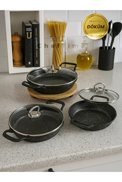 CHEFTİME Granit Döküm 6'lı Sahan Seti – Cam Kapaklı Siyah | 18-20-22 cm