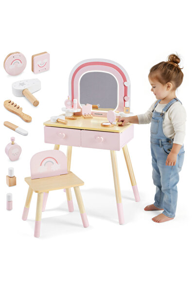 mamabrum Masă de toaletă din lemn pentru copii cu iluminare LED cu reglare lină a luminozității