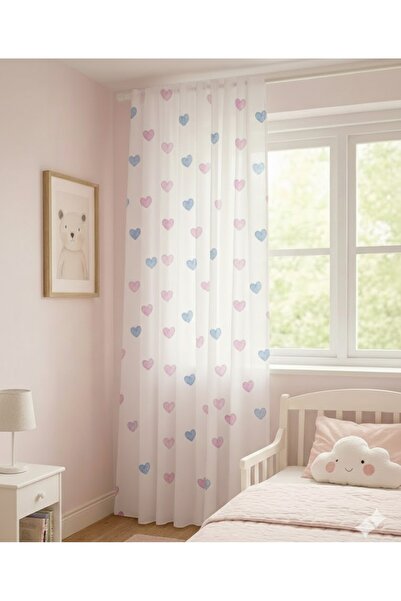 Perdenin Adresi Kalpli Desenli Bebek & Çocuk Odası Tül Perde – Pembe Mavi Ren...