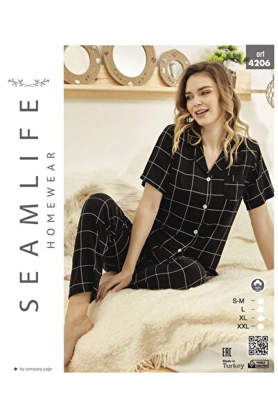 seamlife Set de pijamale pentru femei, cu mâneci scurte, cu nasturi în față