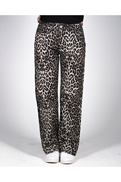 OZHE Yüksek Bel Leopar Desenli Boru Paça Jean/Pantolon