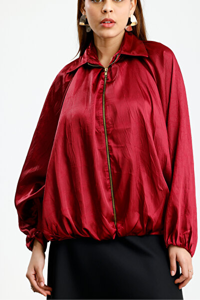 VOICTEC Women's Oversized Bat Cut Gold Zipper Detailed Satin Shirt