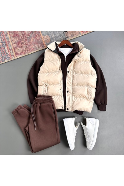 tiggirmoda Vestă gonflabilă și set de sus și de jos din lână groasă, cu gâtul rotund, cu 3 fire, set de 3