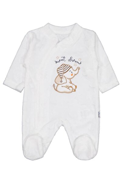 Minidamla Elephant Embroidery Zippered 1-6 Month Jumpsuit - Ecru 3-6 Months