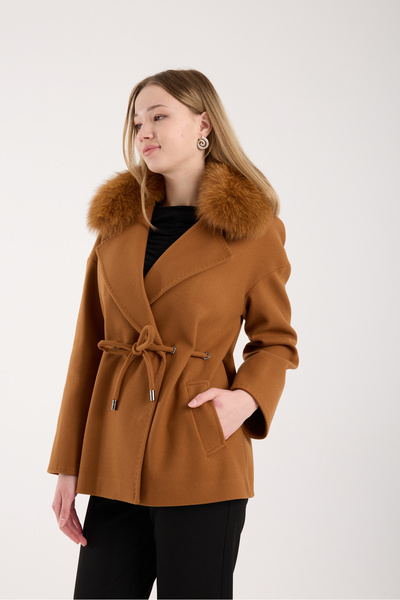 ŞEYDA ERTEM Camel Fur Short Coat with Stone Details