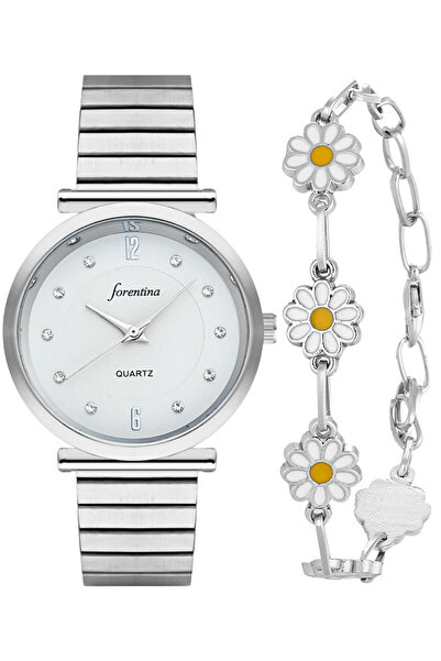 Forentina Gri Metal Kol Saati-Papatya Bileklik Kombin Set PS4126