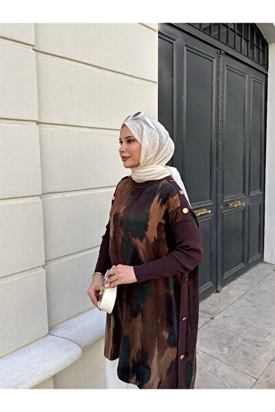 KULVAR TREND 283 Yan Ve Omuzları Metal Düğmeli Kupra Panço Kahverengi