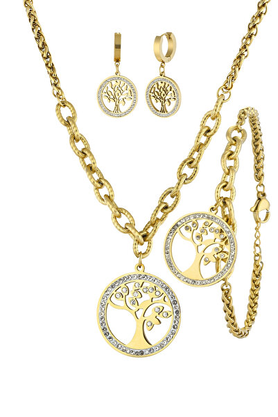 Forentina Çelik Gold Renk Hayat Ağacı Kolye Küpe Bileklik Set PS4115