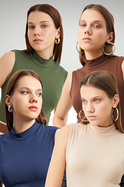 Bipantolon Women's Cream Bitter Brown Navy Blue Khaki 4-Piece Sleeveless Bodysuit