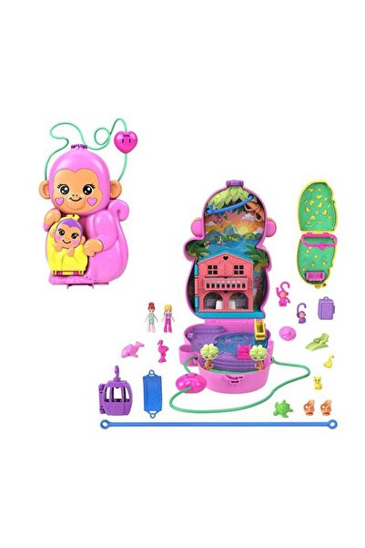 Polly Pocket Momma Monkey & Baby 2-in-1 Wearable Purse Playset with Pets & 13 Accessories