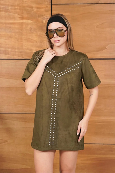 cemo Süet Askılı/Kısa Kollu Çivi Detaylı Mini Elbise
