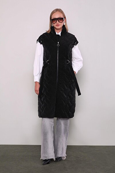 Levidor Black Quilted Pattern Belted Vest