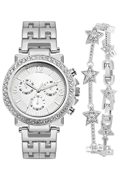 Forentina Taşlı Gri Metal Kol Saati-Taşlı Yıldız Bileklik Kombin PS4146