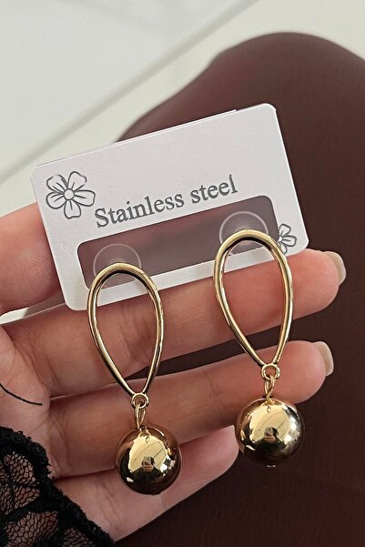 TAKIŞTIR Altın Renk Top Detaylı Çelik Küpe (Çift)