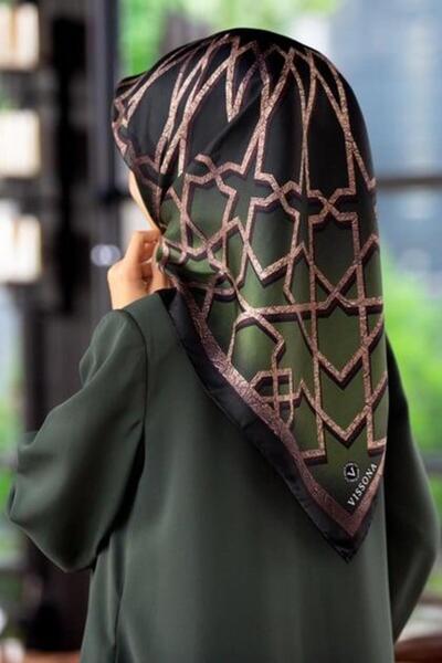 Vissona Tivil Silk Scarf 8376 - 12 - 0037 Black Khaki Geometric Pattern