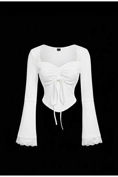 EVOA Women's White Tulle Detailed Blouse