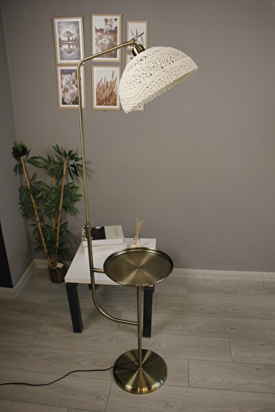 Bamyum Bohem Recycle İplik Jüt El Yapımı Beyaz Hasır Tepsili Lambader Hareketli Başlık Metal Zemin Lambası