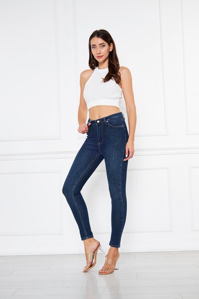 cracpot Pantaloni skinny de damă, albastru închis – Denim elastic din Lycra cu talie înaltă