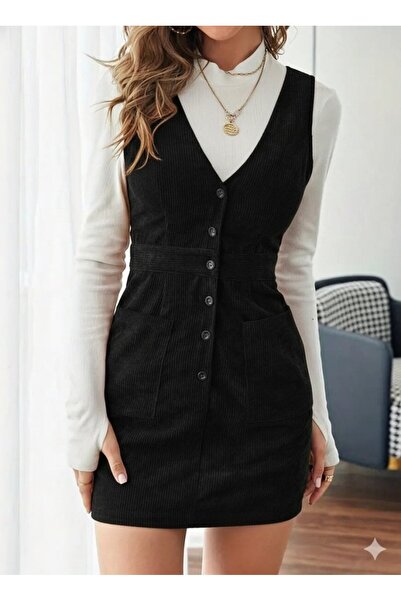 JANES Women's Strappy V-Neck Front Buttoned Mini Thick Corded Fabric Velvet D...