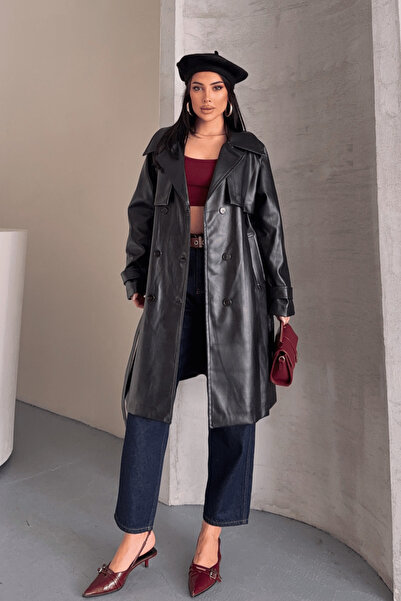 giyimmasalı Faux Leather Double-Breasted Belted Trench Coat - Black