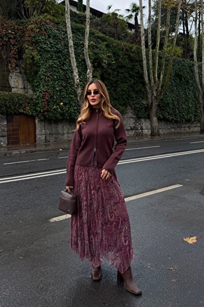 Laluvia Burgundy Ethnic Patterned Chiffon Skirt - 251102