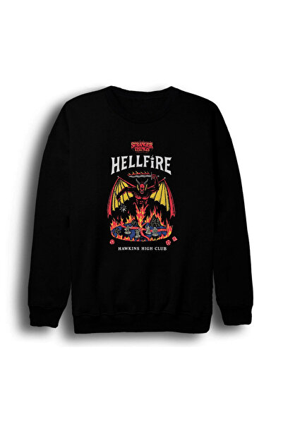 fame-stoned Stranger Things Hellfire Club Hawkins School Printed Unisex 100% Cotton Crew Neck Black Sweatshirt