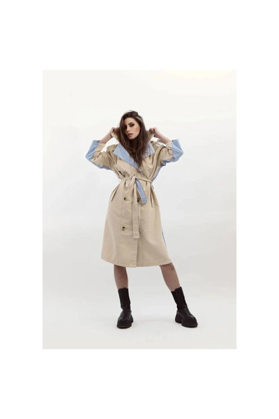 OIM Fashion App Striped Trench Coat Beige/Blue