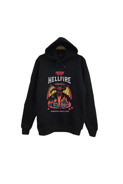 fame-stoned Stranger Things -Hellfire Club- Hawkins School Printed Unisex 100% Cotton Hooded Black Sweatshirt
