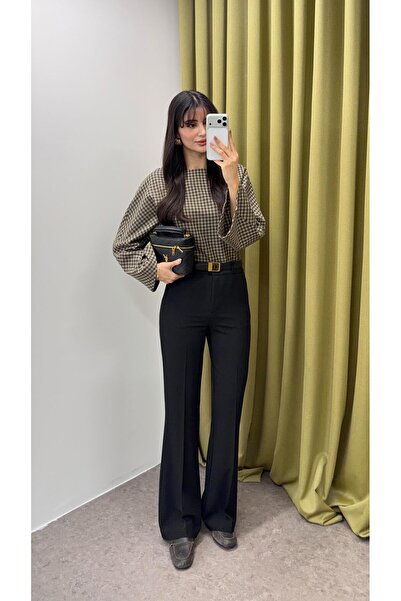 HAZELANNA Flared Leg Black Fabric Trousers