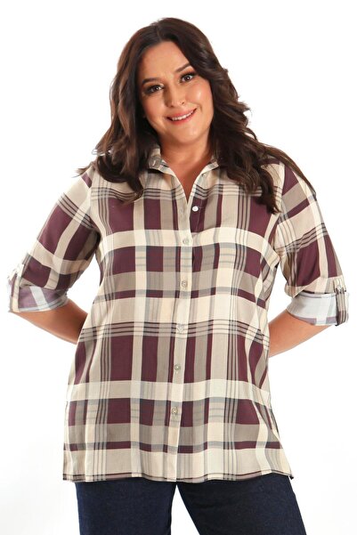 Trend42plus Plus Size Plaid Patterned Burgundy Shirt