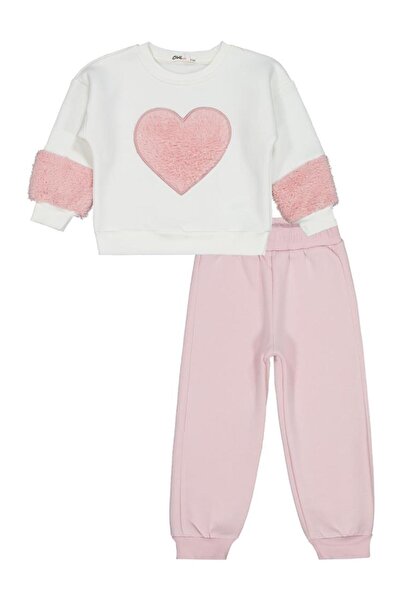 Civil Girls Kalp Nakışlı 2-5 Yaş Eşofman Takımı - Ekru - Pudra 3-4 Yaş