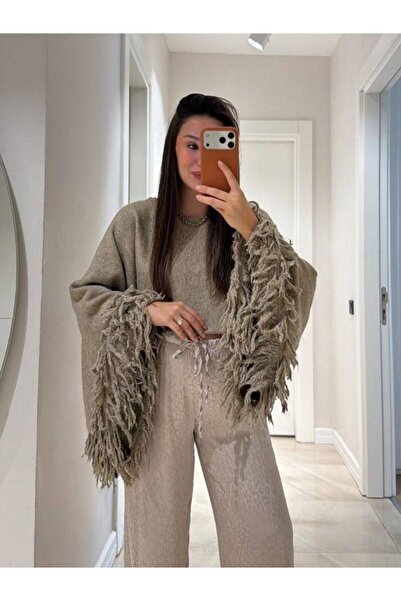 Kokoşum Butik 4548 Pulover tricotat cu ciucuri gri