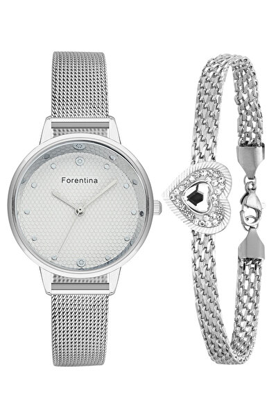 Forentina Hasır Kordon Gri Kol Saati-Hasır Zincir Kalpli Bileklik PS4129