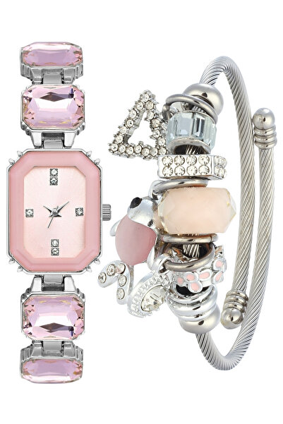 Forentina Pembe Taşlı Kol Saati-Pembe Balıklı Charm Bileklik Set PS4200