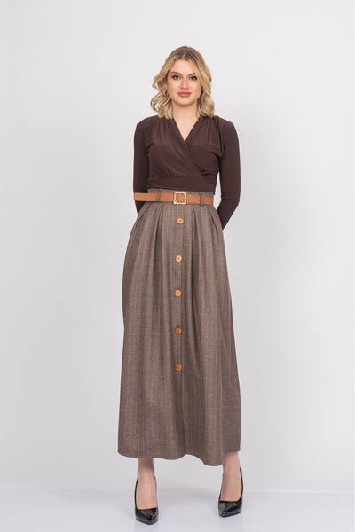 MissVina Prestige Buttoned Belted Woven Skirt – High Waist Form 6835