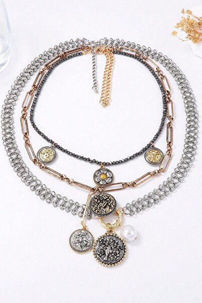 New Obsessions Antique Silver 3 Row Medallion Necklace