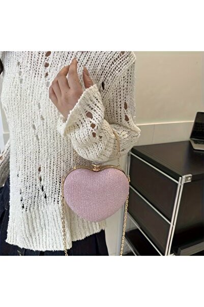 NeednStore Kadın Pembe Parıltılı Kalp Abiye Çanta - Kol ve Omuz Çantası