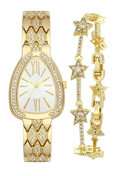 Forentina Gold Renk Taşlı Kol Saati-Yıldız Bileklik Kombin PS4147