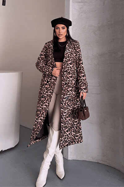 giyimmasalı Leopard Patterned Double-Breasted Collar Belted Long Coat - Leopard