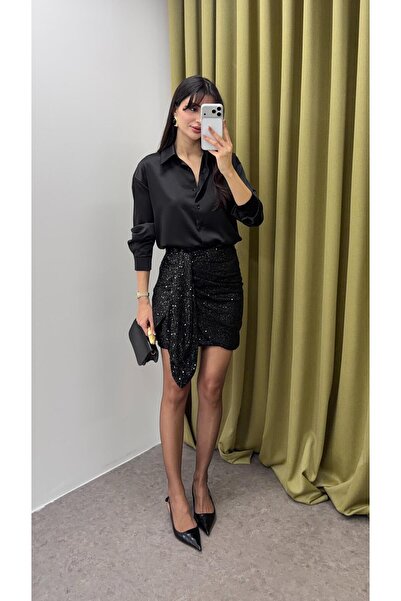 HAZELANNA Bağlamalı Siyah Pullu Etek