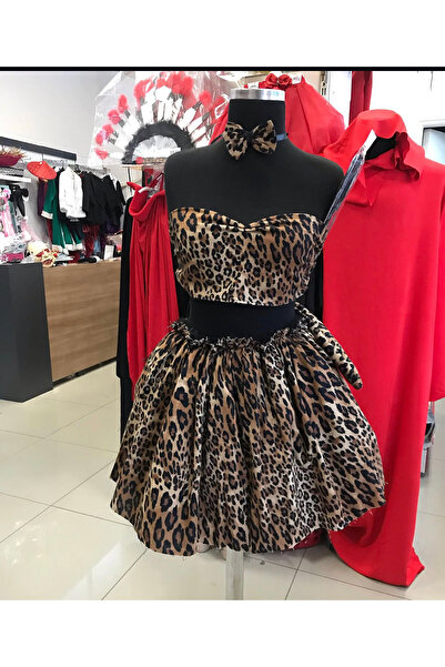 DüşlerÜlkesi Yetişkin leopar kadın kostümü arka bağlamalı büstiyer tütü etek