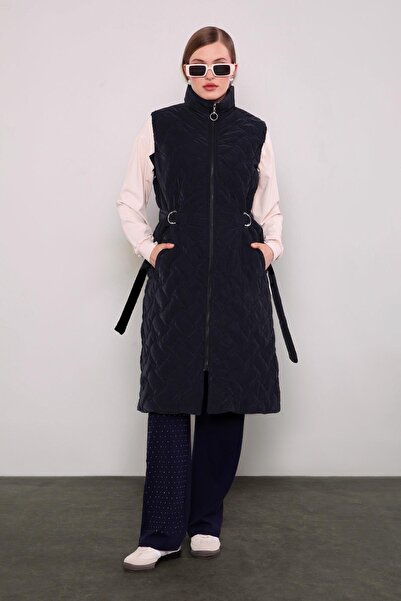Levidor Navy Blue Quilted Pattern Belted Vest