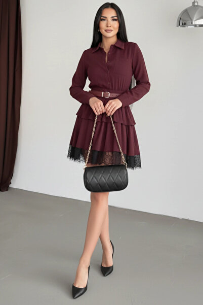 cemo Dantel Detaylı Bordo Fırfırlı Gömlek Elbise
