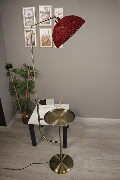 Bamyum Bohem Recycle İplik Jüt El Yapımı Vişne İplik Lambader Hareketli Başlık Tepsili Metal Zemin Lambası